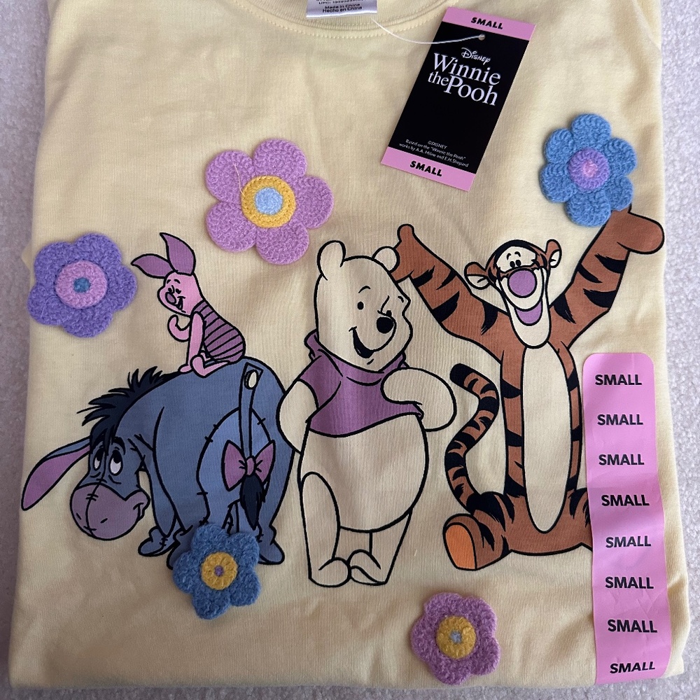 Disney Women's Crochet Winnie the Pooh & Friends T Shirt Size Small Yellow NWT